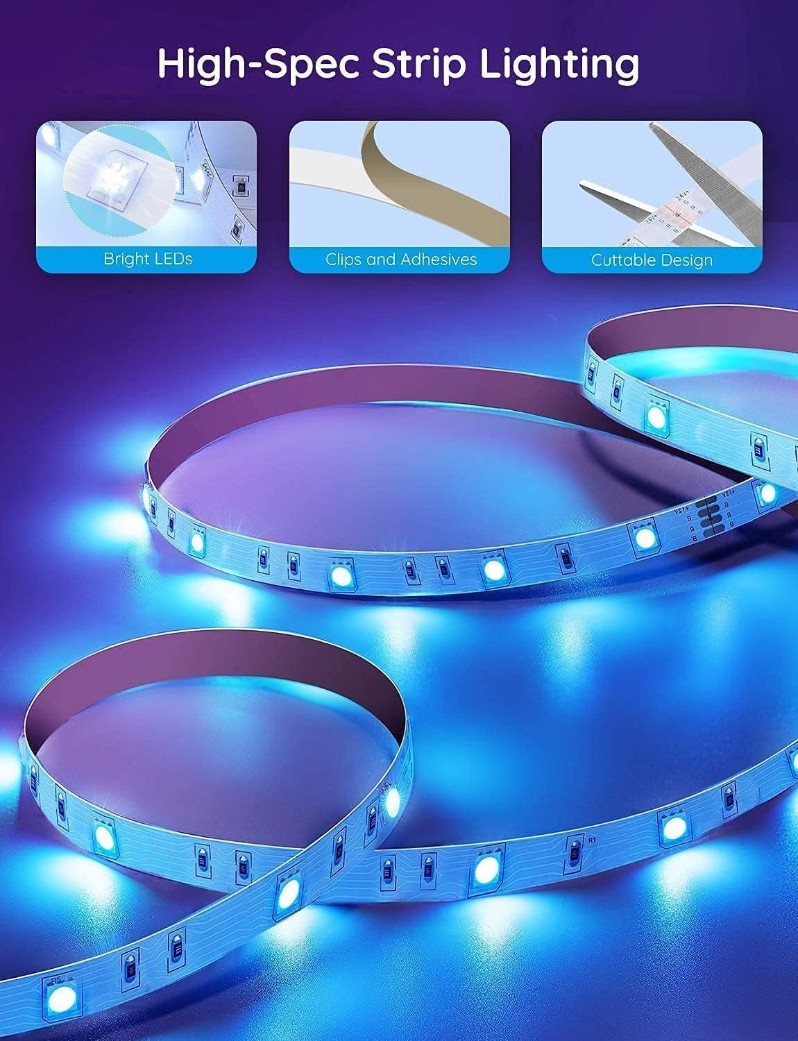 100Ft LED Strip Lights, Bluetooth RGB LED Lights with App Control, 64 Scenes and Music Sync LED Strip Lighting for Bedroom, Living Room, Kitchen, Party, ETL Listed Adapter