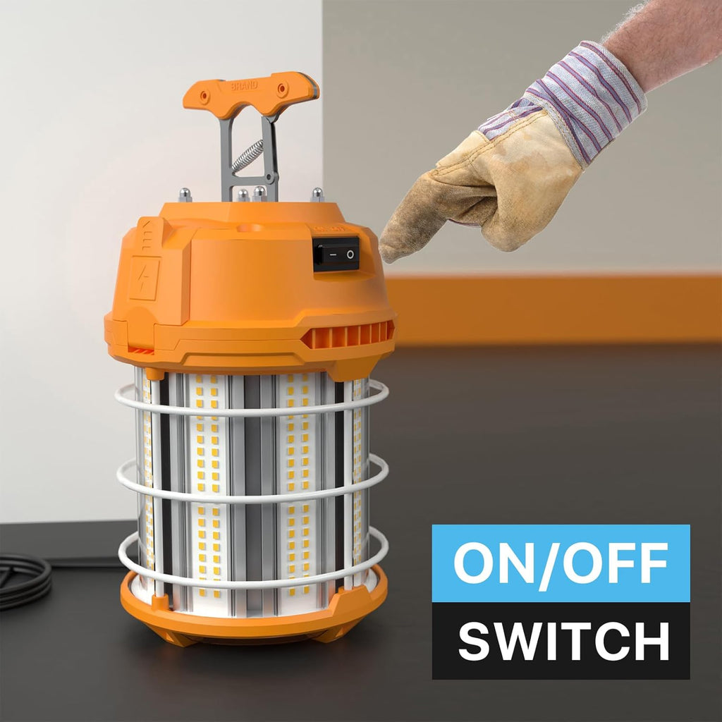 LED Temporary Work Light 100W 12500LM 300W HID/HPS 5000K, Portable LED Jobsite Light with Stainless Steel Safety Guard and Sturdy Hook for Construction Sites, Workshop(With an ON/OFF Switch)