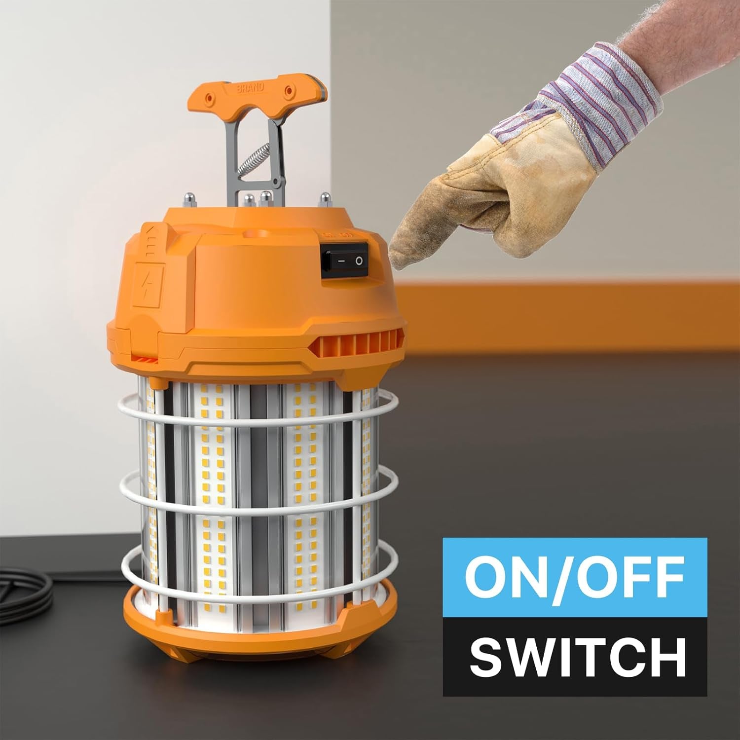 LED Temporary Work Light 100W 12500LM 300W HID/HPS 5000K, Portable LED Jobsite Light with Stainless Steel Safety Guard and Sturdy Hook for Construction Sites, Workshop(With an ON/OFF Switch)