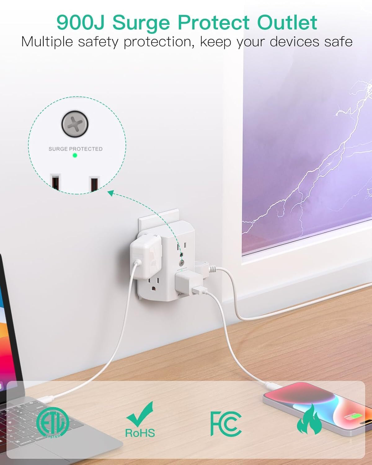 2 Pack Surge Protector Outlet, Outlet Splitter, Multi Plug Wall Outlet with 6