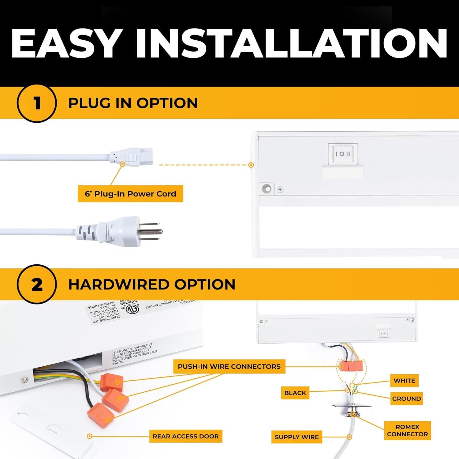 LED under Cabinet Lighting Hardwired - 3CCT 24 Inch White Finish - Undercabinet Lights for Kitchen - Linkable Undercounter Dimmable Plug in Light or Hard Wired - under Counter Fixture Direct Wire