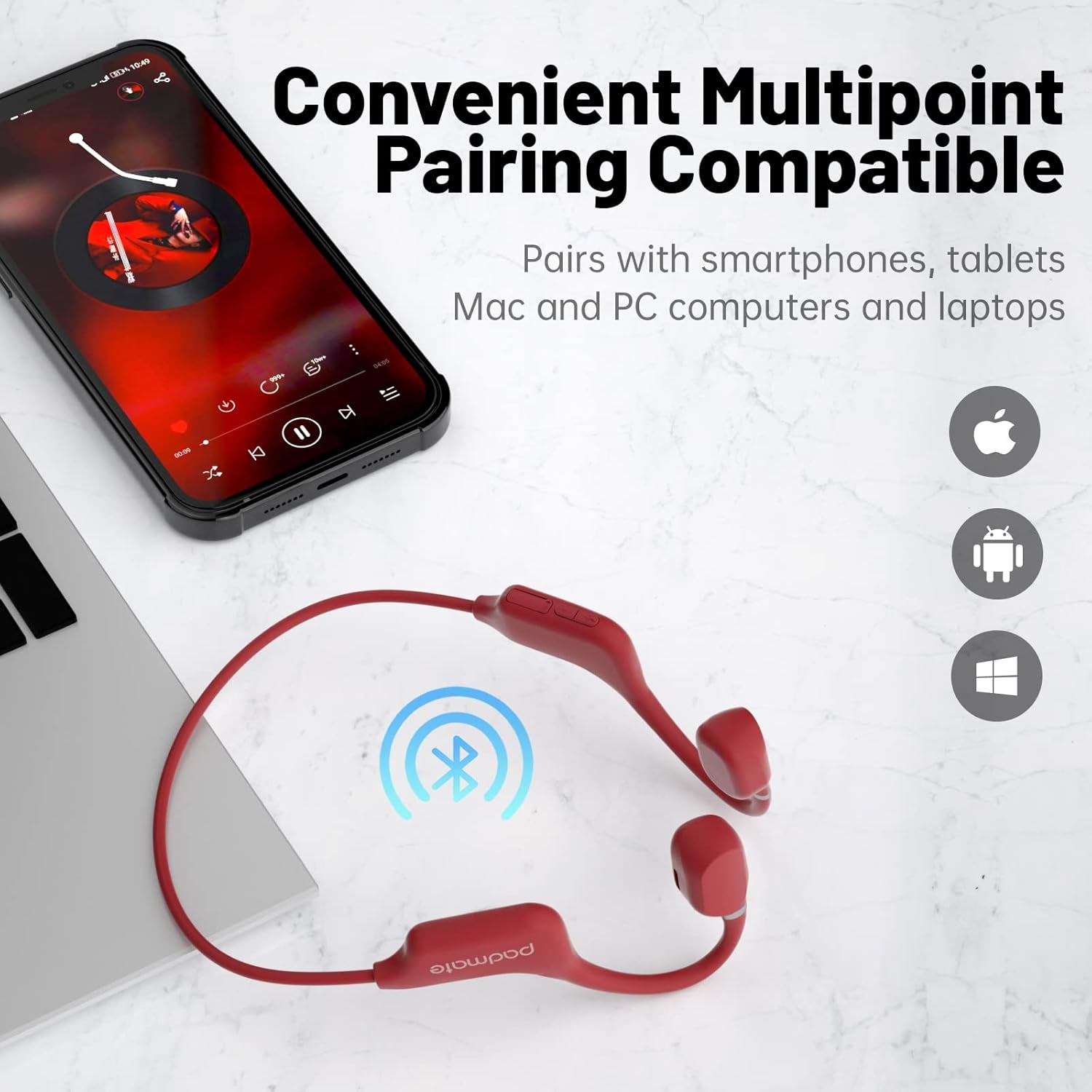 Open-Ear Air Conduction Headphones Bluetooth Wireless Earbuds with Mic, Sport Headset Bluetooth 5.0 Wireless Earphones for Workouts, Foldable/Lightweight/8Hr Playtime/Ip67 Waterproof (Red)