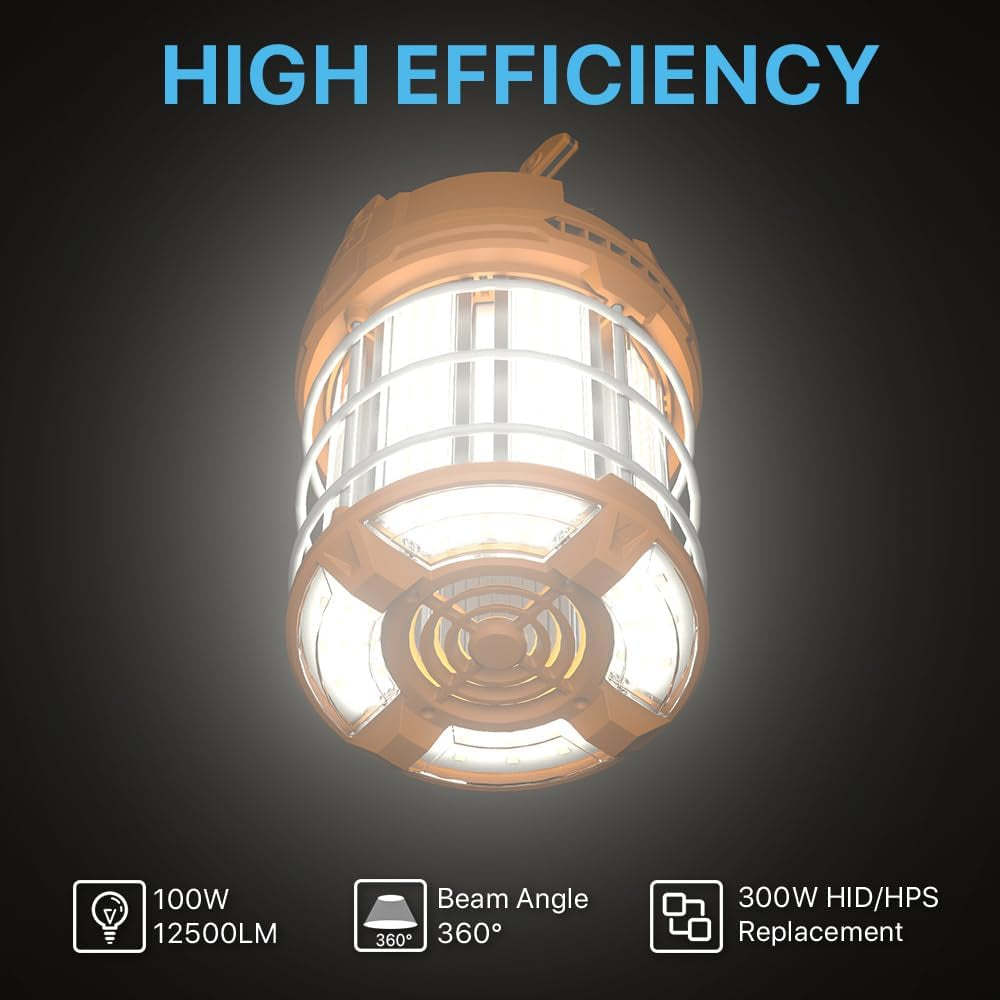 LED Temporary Work Light 100W 12500LM 300W HID/HPS 5000K, Portable LED Jobsite Light with Stainless Steel Safety Guard and Sturdy Hook for Construction Sites, Workshop(With an ON/OFF Switch)