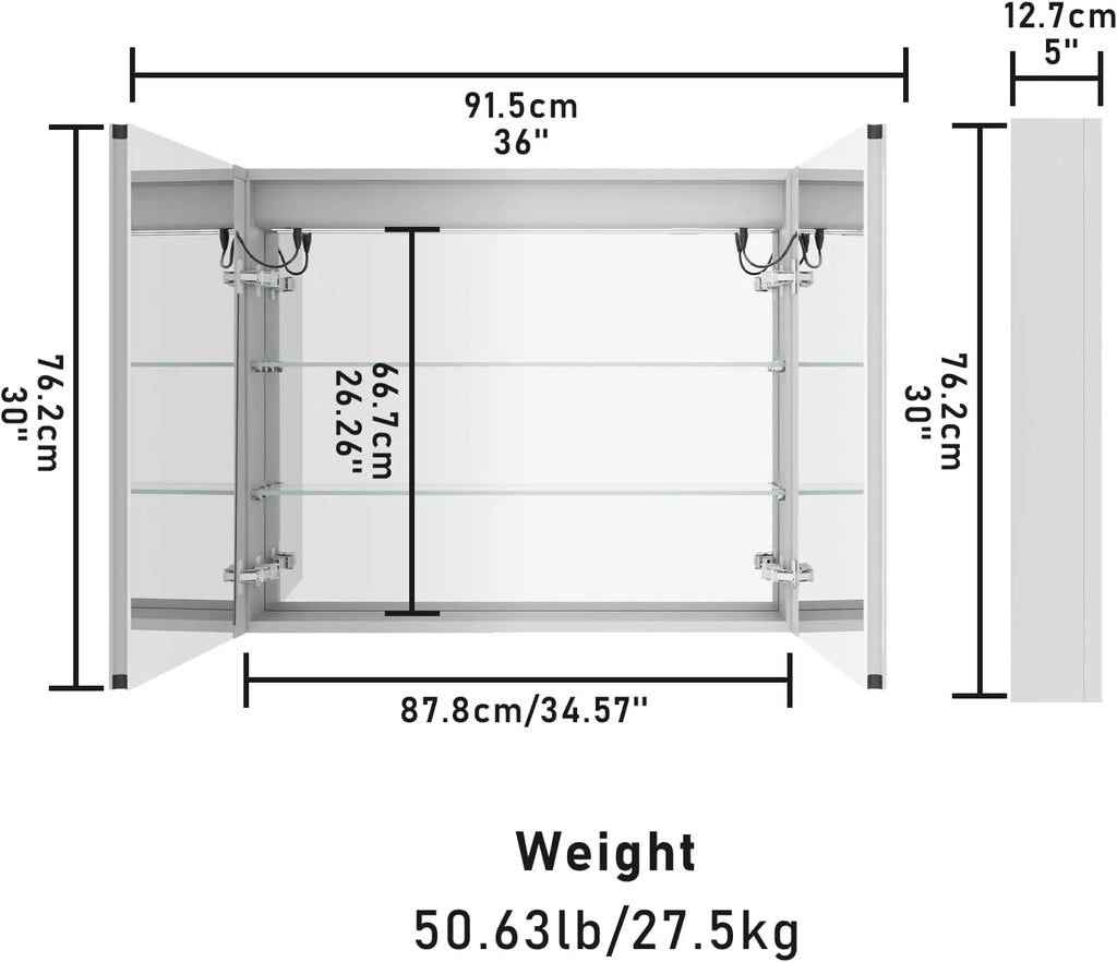 Bathroom Cabinet Medicine Cabinet 3 Tier Kitchen Wall Mount Aluminum 36"*30"Recessed Large Cosmetic Storage Cabinet with Led Lighted Vanity Mirror Double Doors and 2 Adjustable Shelves