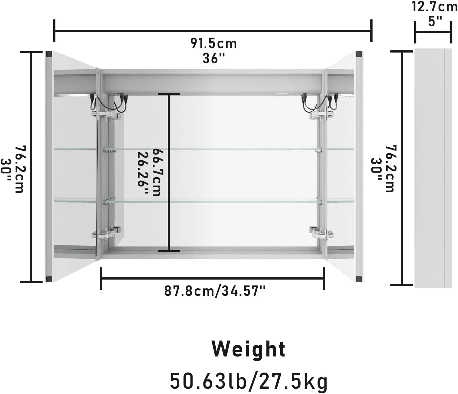 Bathroom Cabinet Medicine Cabinet 3 Tier Kitchen Wall Mount Aluminum 36"*30"Recessed Large Cosmetic Storage Cabinet with Led Lighted Vanity Mirror Double Doors and 2 Adjustable Shelves