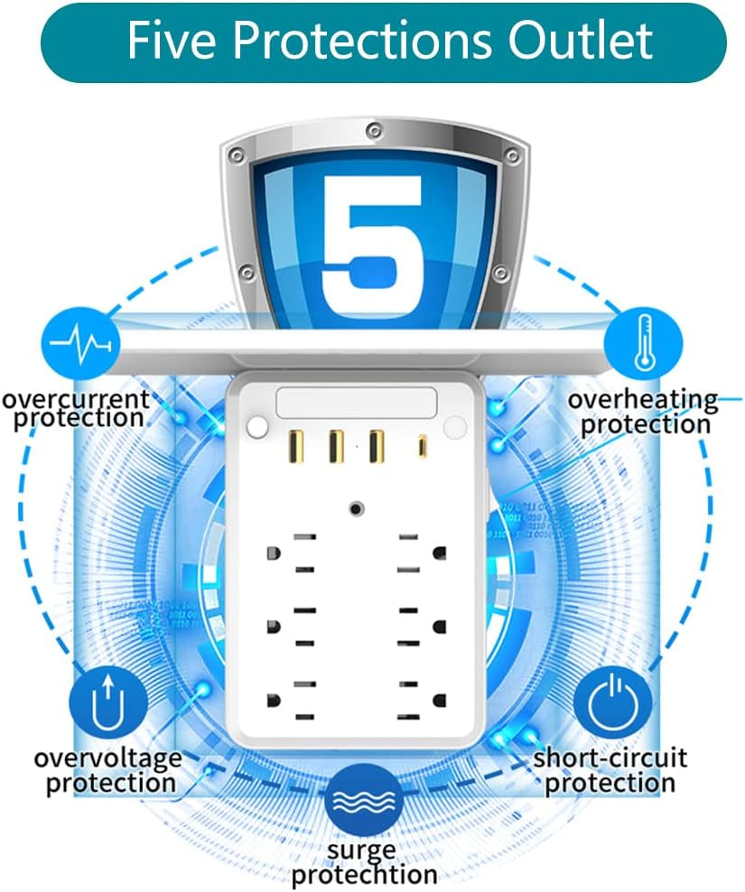 Multi Outlet Wall Plug , Surge Protector with Socket Shelf, Built in Adjustable Night Light Extender USB C Phone Charger, Expander for Home, Office