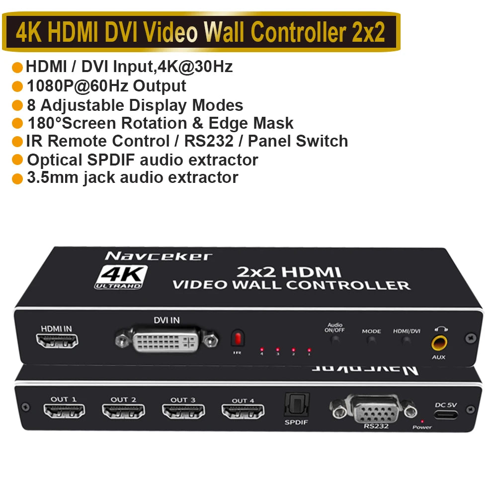 2X2 Video Wall Controller Processor 1X2 1X3 1X4 2X1 3X1 4X1 4K DVI HDMI Video Wall Controller TV Video Stitching Wall Processor