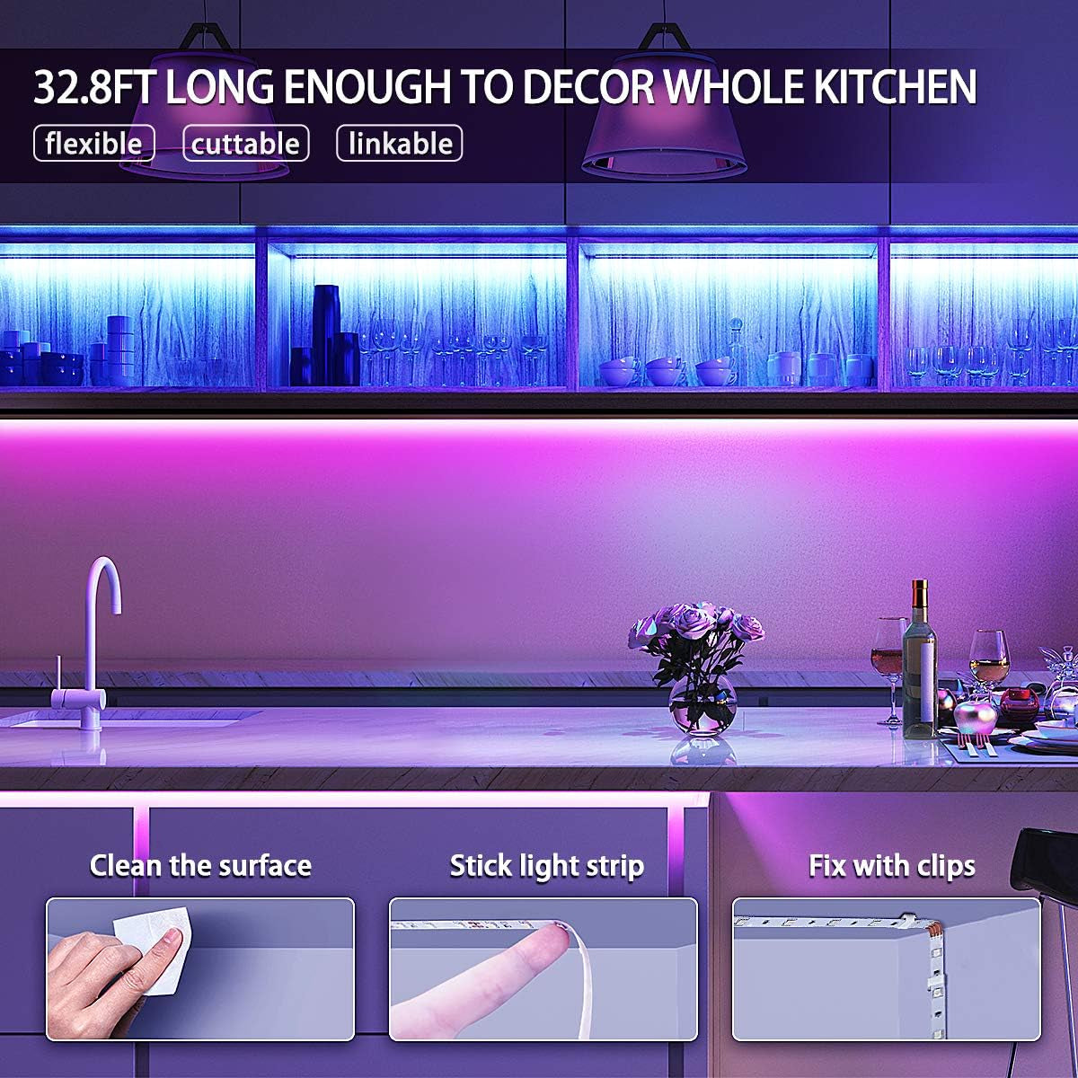 RGB LED Strip Lights, 32.8Ft, 32768 DIY Colors, Self-Adhesive, Flexible, UL Approved