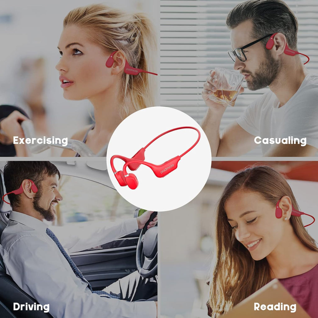 Open-Ear Air Conduction Headphones Bluetooth Wireless Earbuds with Mic, Sport Headset Bluetooth 5.0 Wireless Earphones for Workouts, Foldable/Lightweight/8Hr Playtime/Ip67 Waterproof (Red)