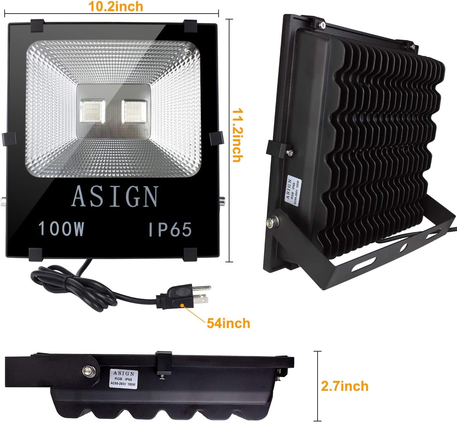 100W RGB LED Flood Lights, Indoor Outdoor Decoration Light Waterproof Color Changing LED Security Light with Remote Control, Dimmable Wall Washer Lights with US 3-Plug