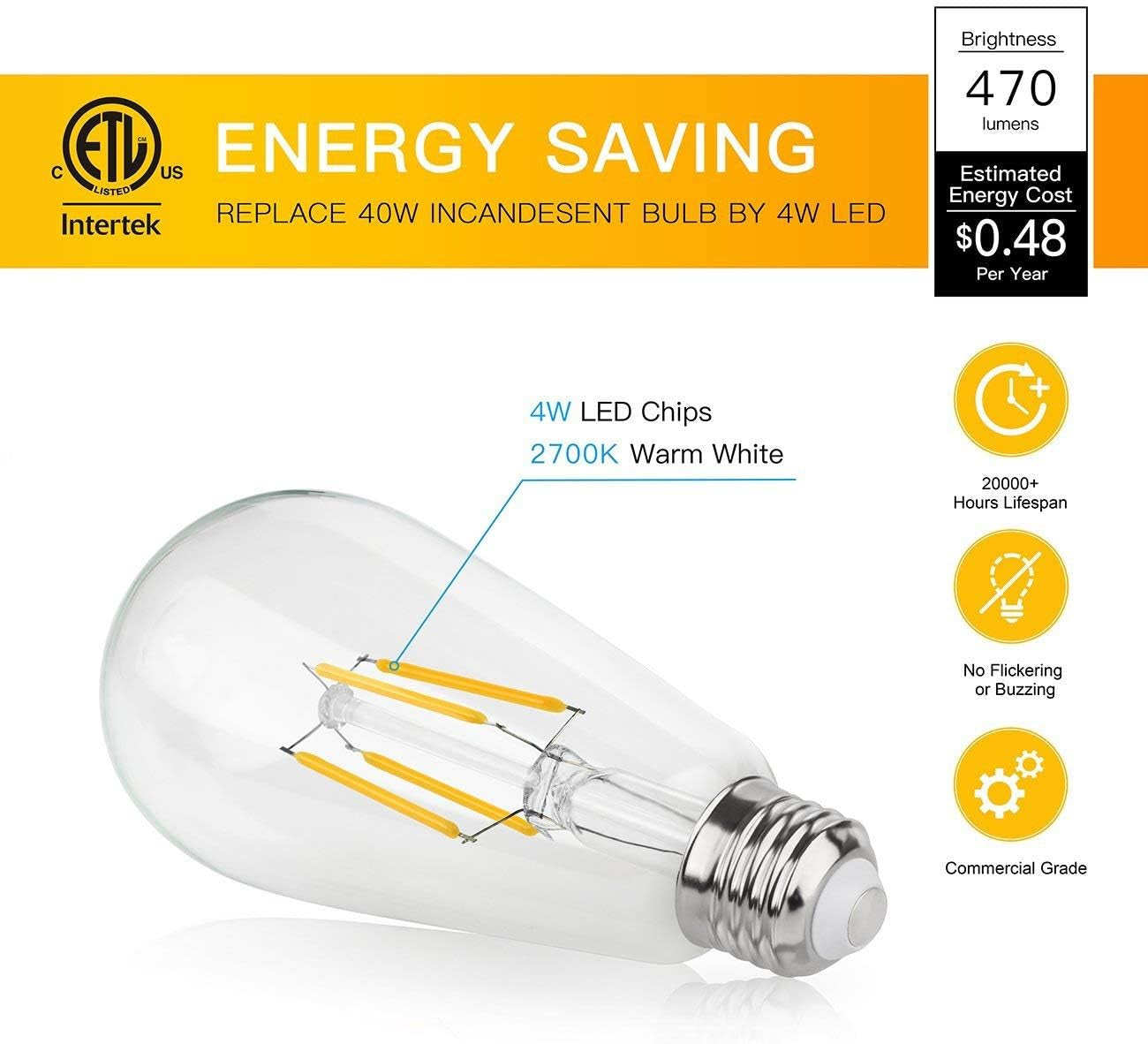 Dimmable Vintage Edison LED Bulb,Antique 40W Vintage Edison Bulb,E26 Light Bulb 400 Lumens Warm White 2700K,Pack of 6