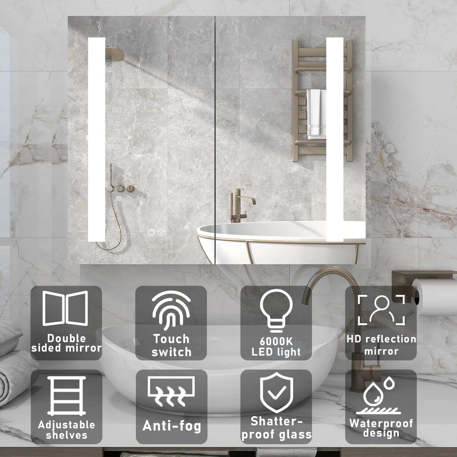 Bathroom Cabinet Medicine Cabinet 3 Tier Kitchen Wall Mount Aluminum 36"*30"Recessed Large Cosmetic Storage Cabinet with Led Lighted Vanity Mirror Double Doors and 2 Adjustable Shelves