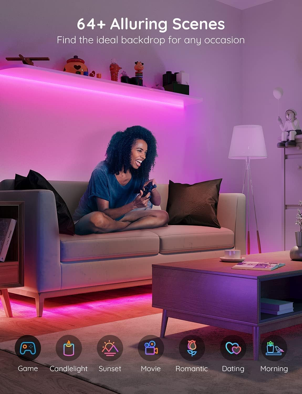 100Ft LED Strip Lights, Bluetooth RGB LED Lights with App Control, 64 Scenes and Music Sync LED Strip Lighting for Bedroom, Living Room, Kitchen, Party, ETL Listed Adapter