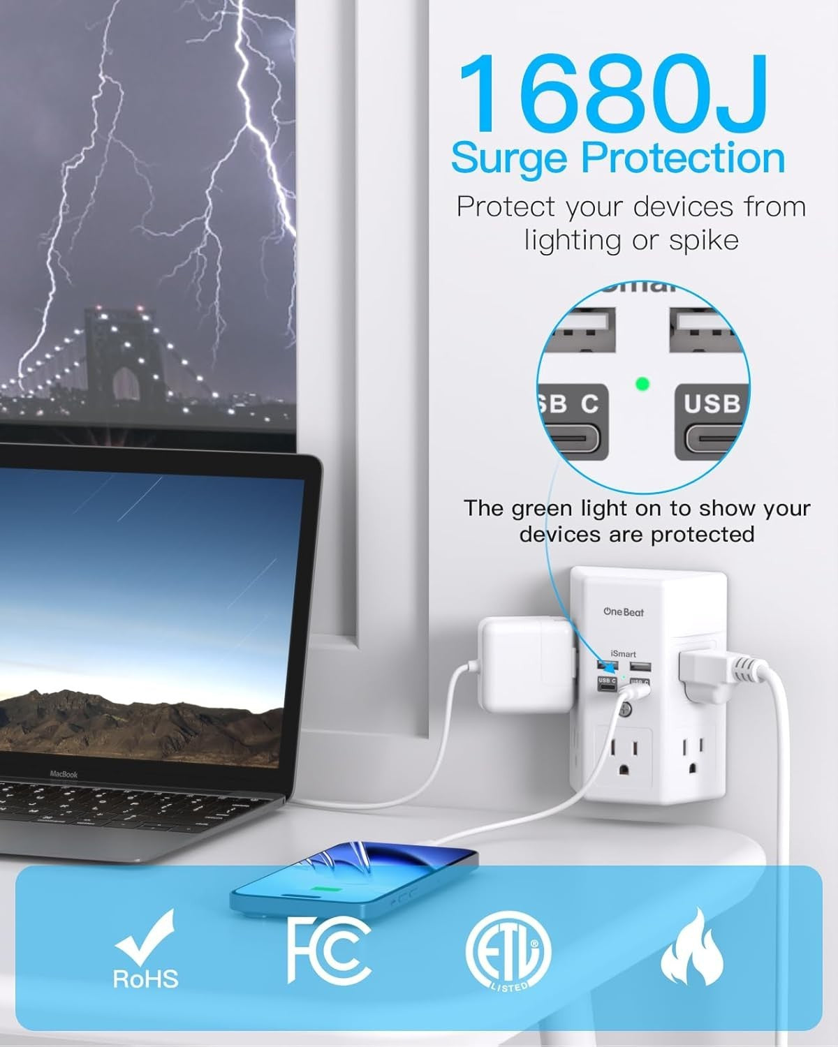 Outlet Extender with Night Light, Multi Plug Outlet, USB Wall Charger Surge Prot