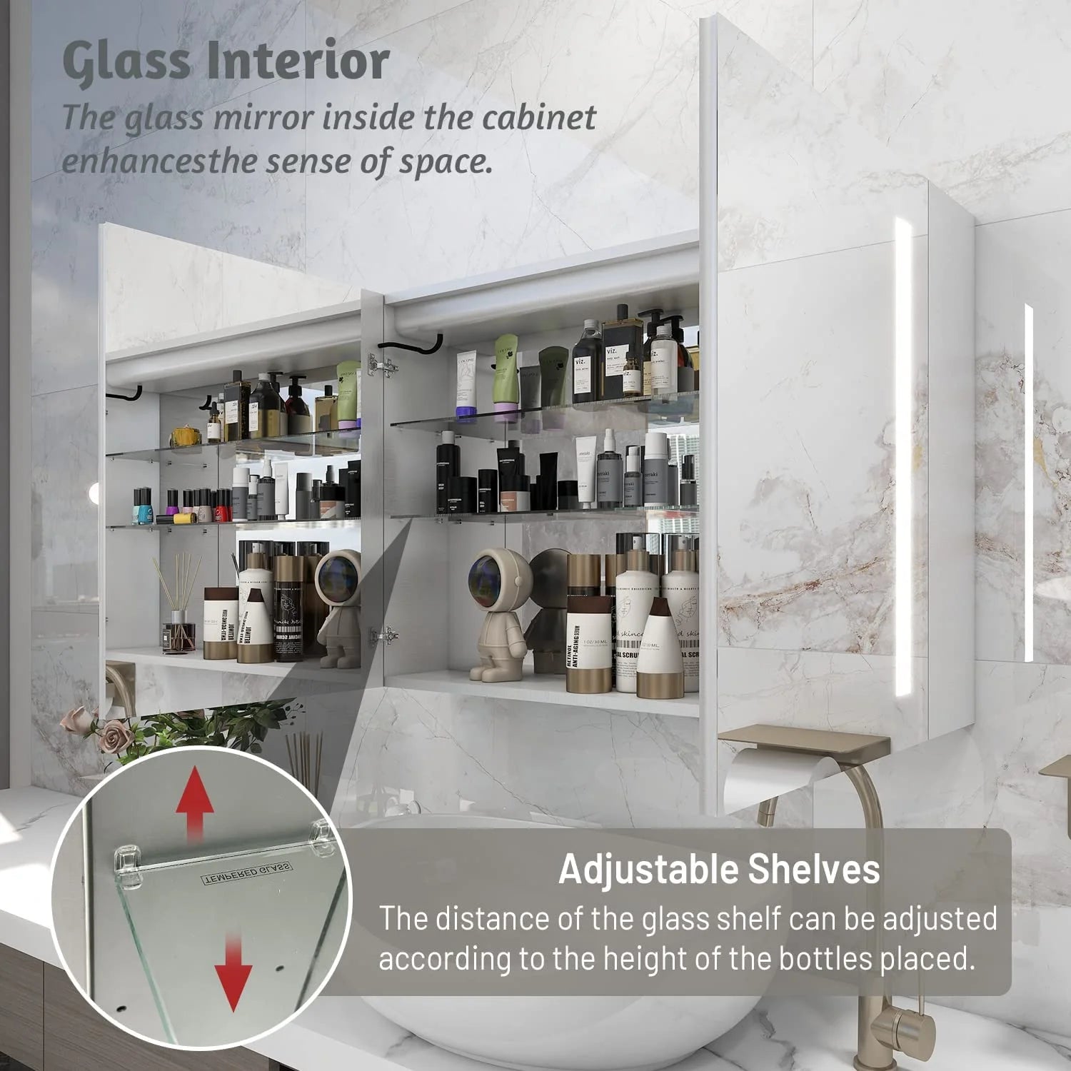 Bathroom Cabinet Medicine Cabinet 3 Tier Kitchen Wall Mount Aluminum 36"*30"Recessed Large Cosmetic Storage Cabinet with Led Lighted Vanity Mirror Double Doors and 2 Adjustable Shelves