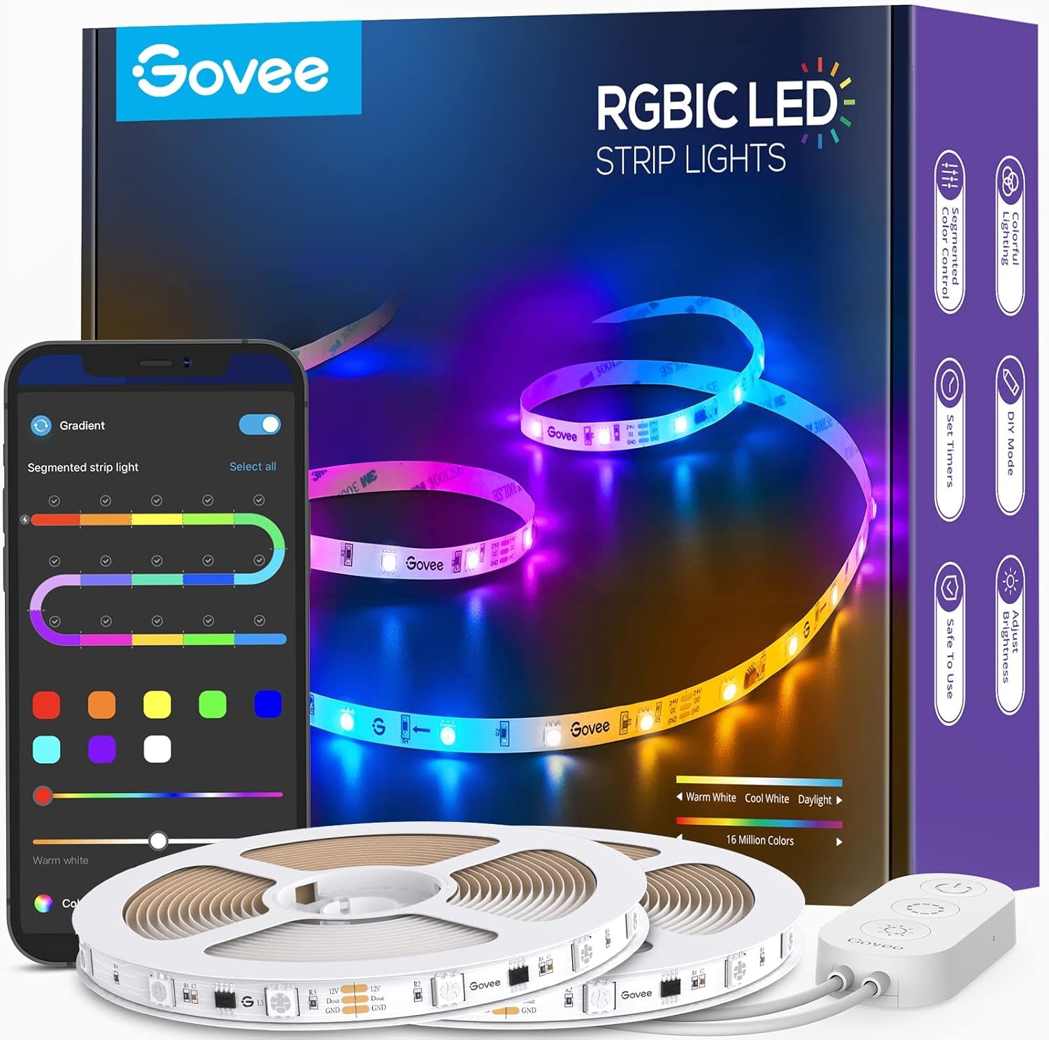 65.6Ft RGBIC LED Strip Lights, Color Changing LED Strips, App Control via Bluetooth, Smart Segmented Control, Multiple Scenes, Enhanced Music Sync LED Lights for Bedroom, Home Decor (2 X 32.8Ft)