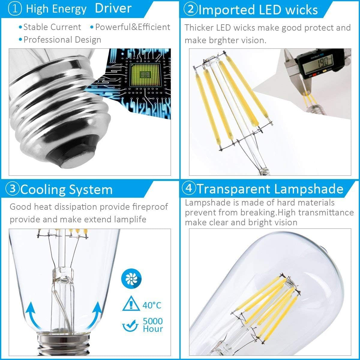 Dimmable Vintage Edison LED Bulb,Antique 40W Vintage Edison Bulb,E26 Light Bulb 400 Lumens Warm White 2700K,Pack of 6