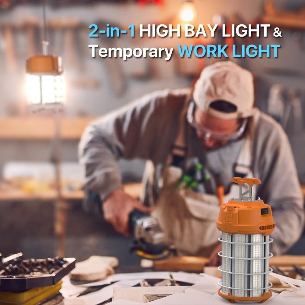 LED Temporary Work Light 100W 12500LM 300W HID/HPS 5000K, Portable LED Jobsite Light with Stainless Steel Safety Guard and Sturdy Hook for Construction Sites, Workshop(With an ON/OFF Switch)