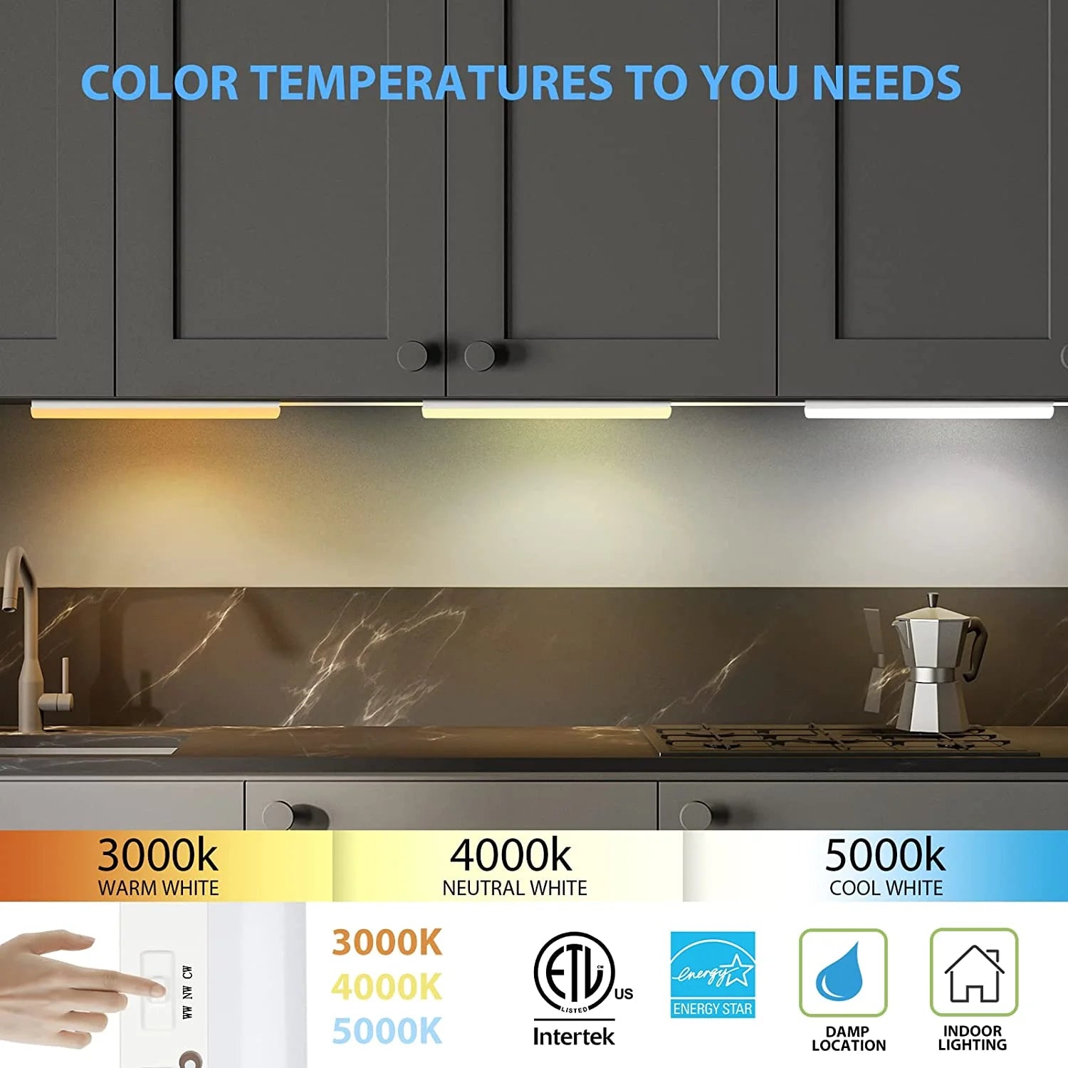 LED under Cabinet Lighting, 12 Inch Plug in under Counter Light Fixture, Dimmable, ETL& Energy Star, 3 Color Changing Linkable over Sink Lighting for Kitchen, Office, Garage, Workshop