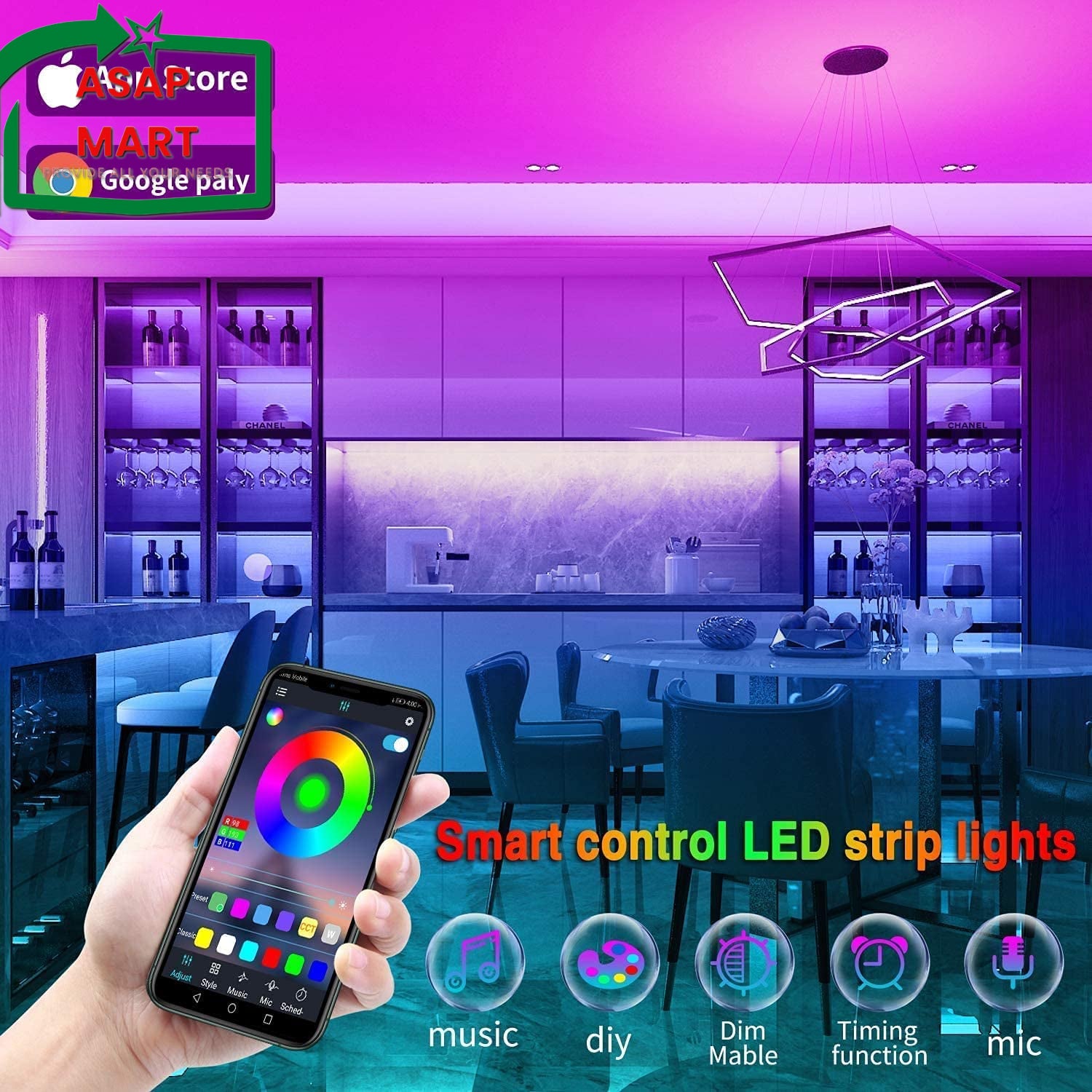 Tenmiro Led Lights for Bedroom 100Ft (2 Rolls of 50Ft) Music Sync Color Changing