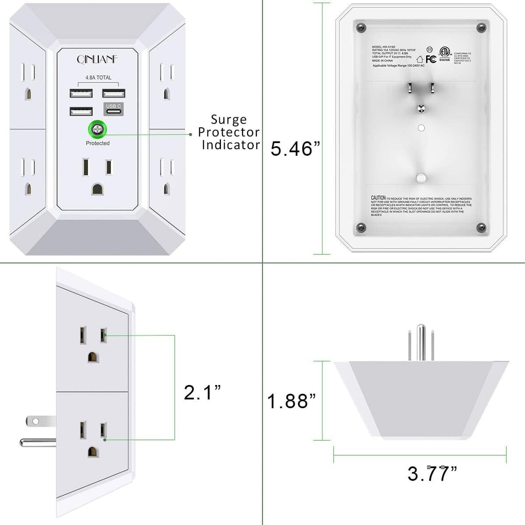5 Outlet Extender Surge Protector Multi Plug Wall Adapter USB Charger Ports With