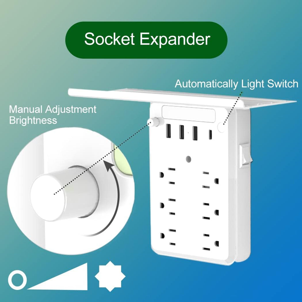 Multi Outlet Wall Plug , Surge Protector with Socket Shelf, Built in Adjustable Night Light Extender USB C Phone Charger, Expander for Home, Office