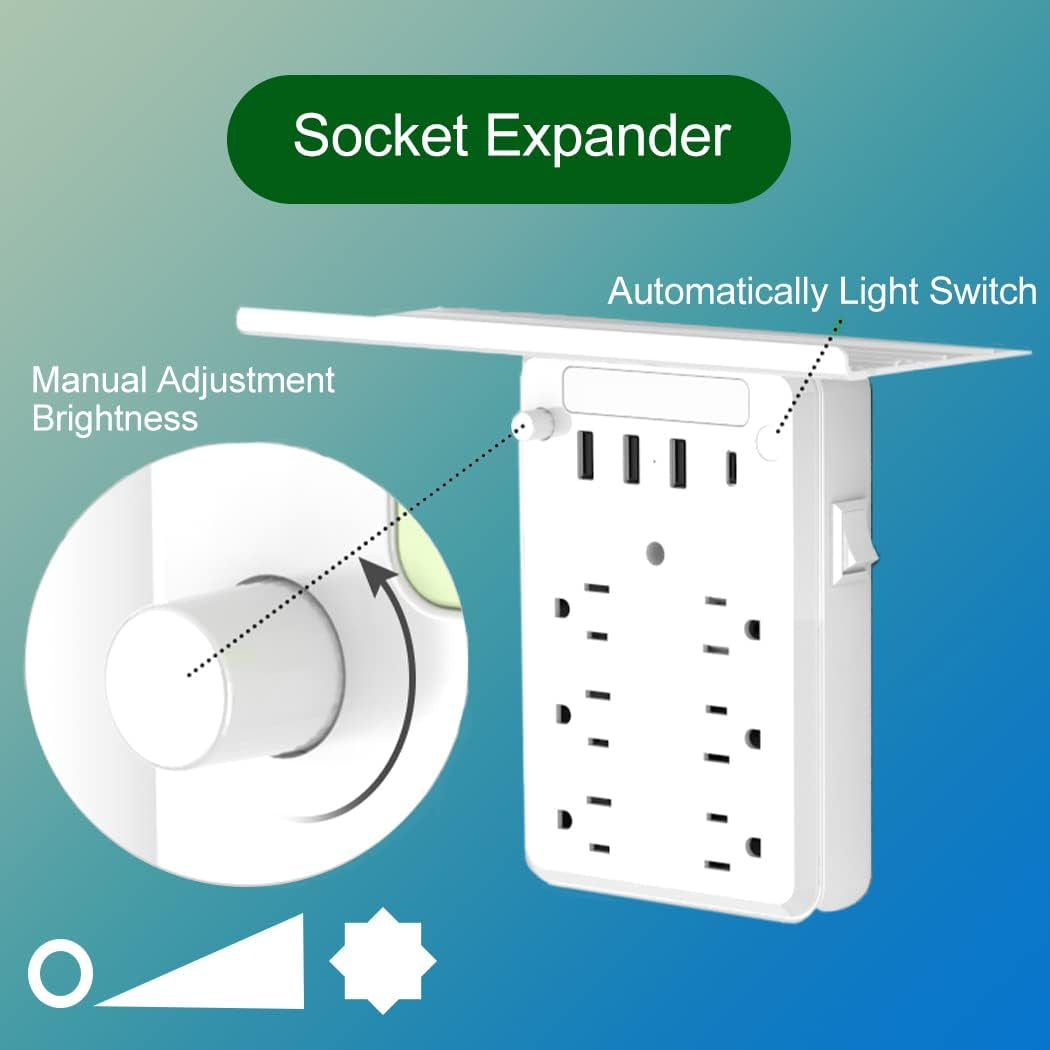 Multi Outlet Wall Plug , Surge Protector with Socket Shelf, Built in Adjustable Night Light Extender USB C Phone Charger, Expander for Home, Office